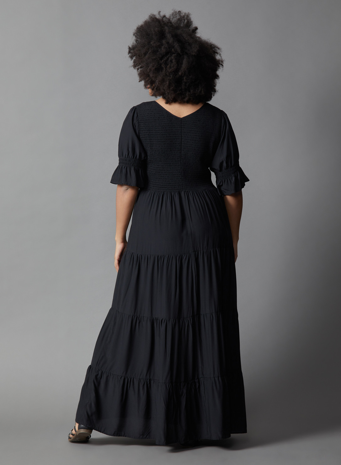 Anna Scholz Plus Size Silk Puff Sleeve Tiered Maxi Dress Plain